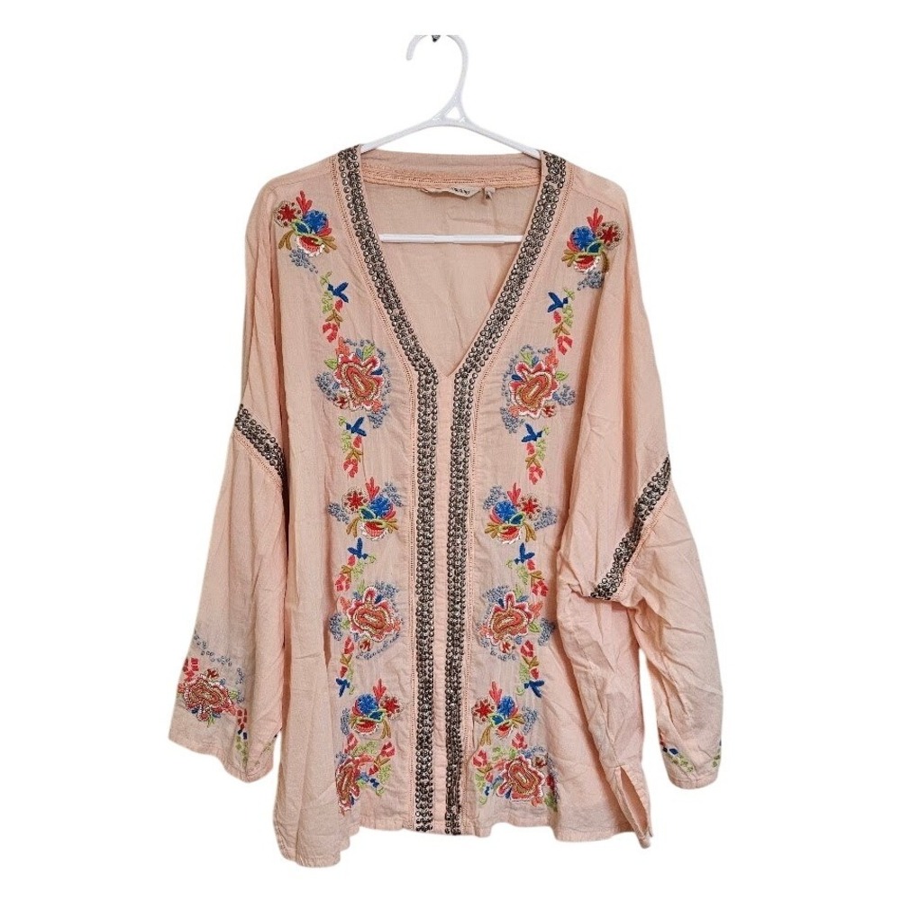 Soft Surroundings Embroidered Studded Tunic Top Peach Boho Plus Size 3X